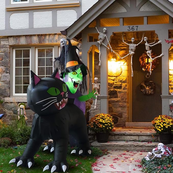 LANGXUN 8ft Witch Riding Black Cat 2025 Halloween Inflatable Decoration - Giant Blow-Up Yard Decor with LED Lights for Outdoor Lawn, Garden, Patio Cute Skeleton Ghost Hoilday Yard Party Decor