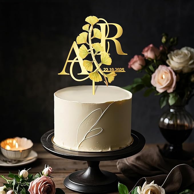 Personalized Fall Wedding Cake Topper in Acrylic Custom Bride and Groom Initial Cake Topper Wedding Date Cake Decoration (Gingko leaves)