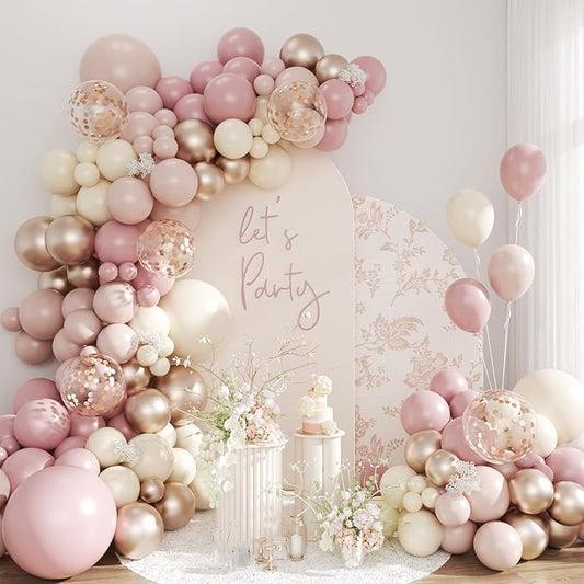Dusty Pink and Rose Gold Balloon Arch Kit, 134pcs Double Stuffed Light Pink Dusty White Metallic Gold Confetti Balloons Garland Kits for Birthday Wedding Baby Shower Bridal Party Decorations