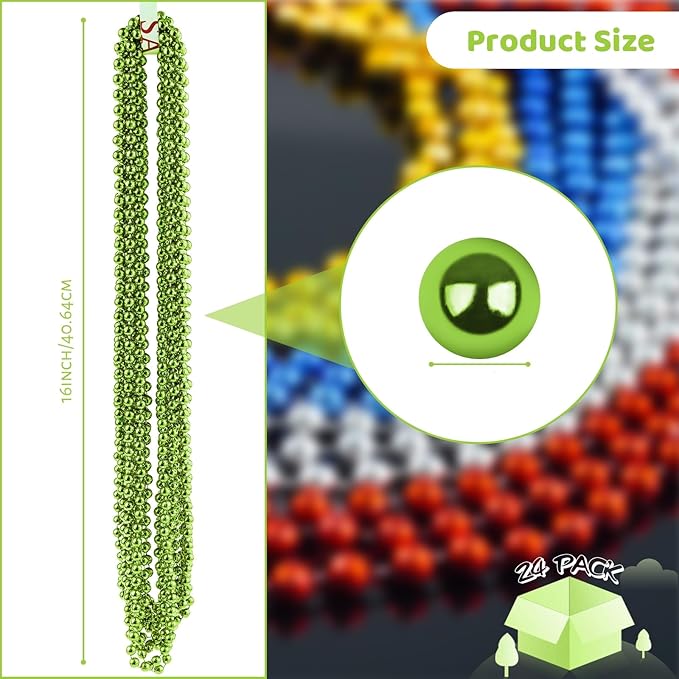 24 PCS St. Patrick's Day Bead Necklaces, Light Green Mardi Gras Christmas Beads, 33'' Green Bead Necklace Green Party Beads for St. Patricks Day, Mardi Gras, Christmas, Carnival Party Favors