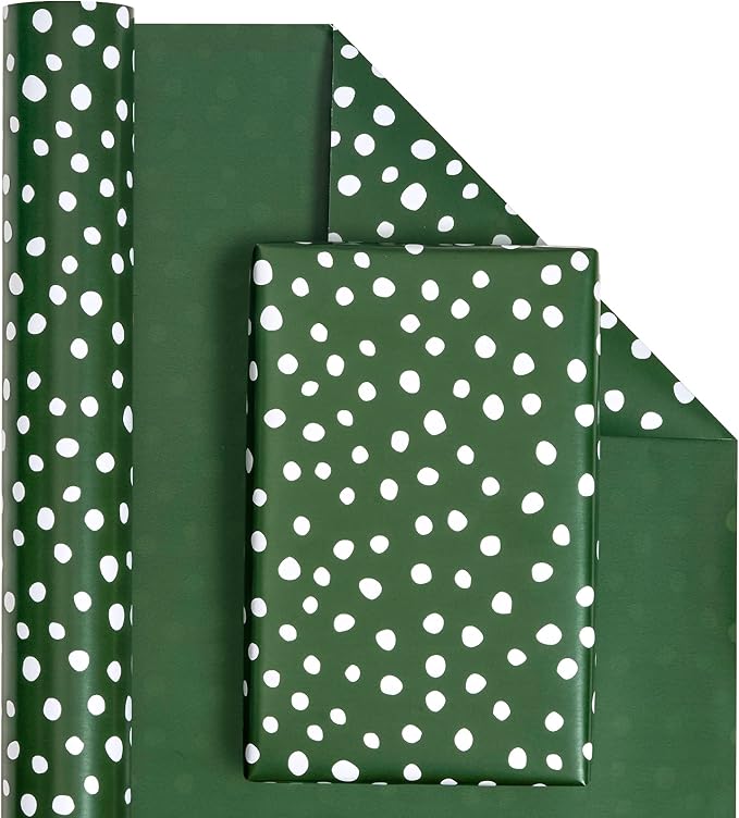 WRAPAHOLIC Reversible Wrapping Paper - Mini Roll - 17 Inch X 33 Feet - Dark Green and Delicate Polka Dots Design for Birthday, Holiday, Wedding, Baby Shower