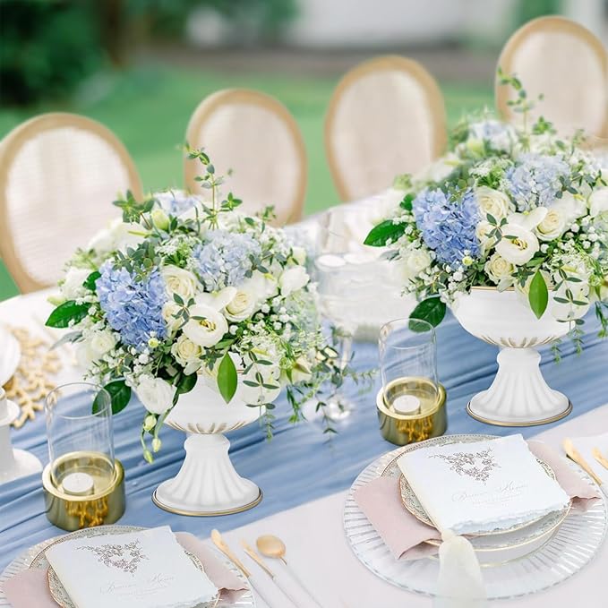 White Wedding Vases for Centerpieces: Small Flower Vase for Tables - 6.5 Inch Metal Compote Bowl Urn Pedestal for Party Anniversary Event Home Decor Set of 10