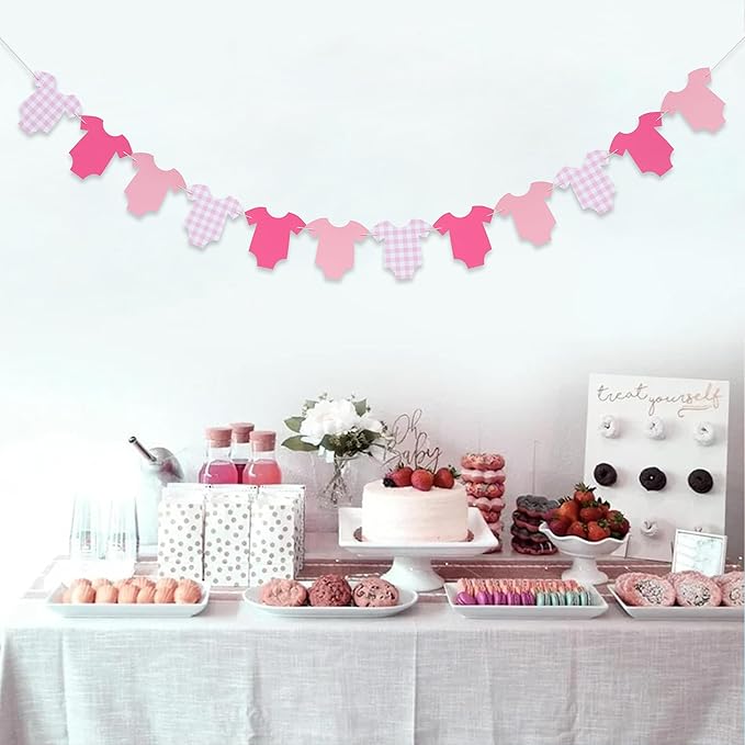 Pink Bodysuit Banner - Baby Shower Decoration Pink Gingham Banner,Shower Gingham Bunting Decor (pink)