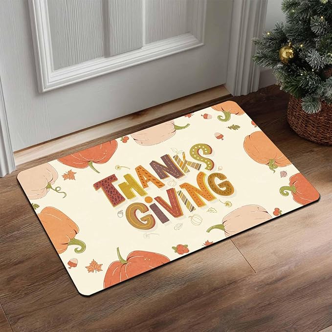 Fall Welcome Maple Leafs Decorative Door Mat, Autumn Thanksgiving Doormat for Indoor Outdoor Entrance Floor Mats,Fall Pumpkins Non Slip Harvest Vintage Decor Rubber Welcome Mats 30" x 18" Inch
