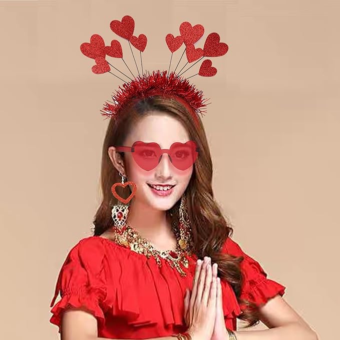 Heart Shape Headband Glitter Sunglasses Sequin Earrings Valentines Day Halloween Cosplay Costume Accessories Set