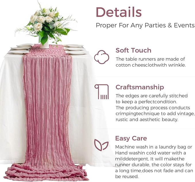 20PCS Dusty Rose Cheesecloth Table Runner 10ft Boho Gauze Fabric Cheese Cloth Table Runner Comes with 20 Cloth Napkins Runner for Romantic Wedding Birthday Shower Party Table Decoration