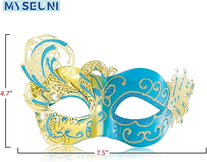 2025 New Gold and Blue Masquerade Mask for Women-Butterfly Masquerade Eye Mask - Peacock Metal Filigree Venetian Masks-Perfect for Halloween Parties, Costume Party, Carnivals, Wedding