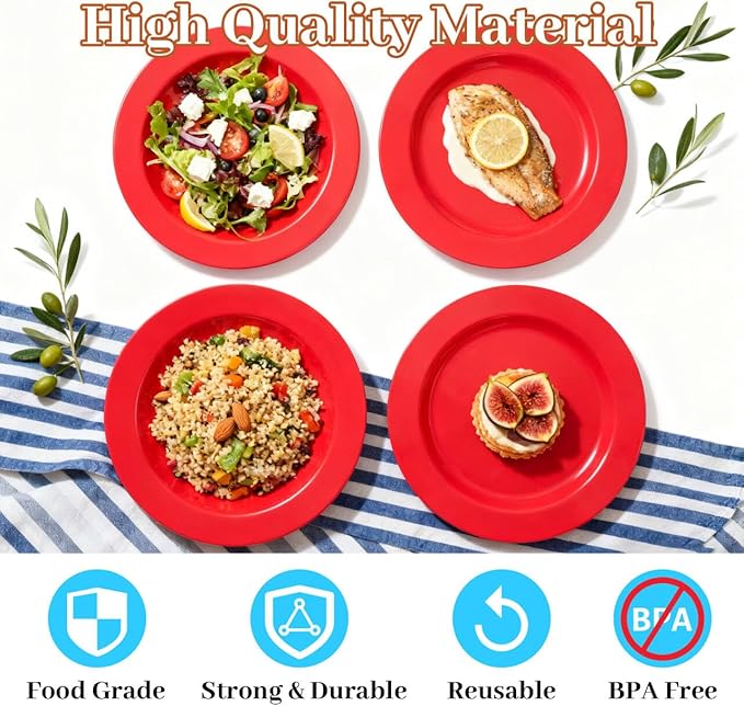 MENDENG 50PCS Red Plastic Plates for Party, 25x10.25 Dinner Plates & 25x7.5 Dessert Plates, Heavy Duty Disposable Plastic Plates for Party Birthday Christmas New Year