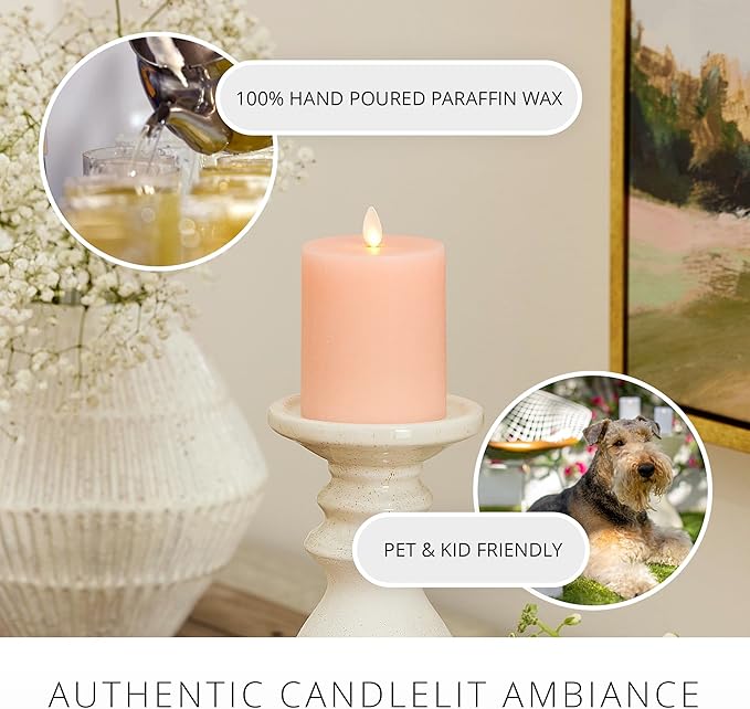 Luminara Flameless LED Battery Operated Flickering Pillar Candles, Mellow Peach Pack of 1 3" x 4.5", Realistic Moving Flame Real Wax Indoor/Outdoor