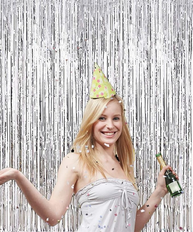 2 Pcs 3.2ft x 8.2ft Shiny Silver Metallic Tinsel Foil Fringe Curtains Photo Booth Backdrop for Birthday Wedding Bridal Shower Holiday Celebration Bachelorette Party Decorations