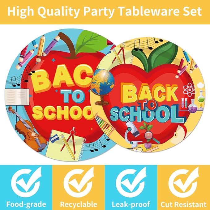 96 Pcs Back to School Decoration Disposable Tableware Set - Cartoon Back to School Apples Pencils Clock Paper Plates Napkins Forks First Day of School Theme Party Supplies Serve 24 Guests