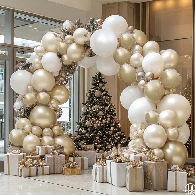 White Gold Balloon Arch Double Stuffed Pearl White Sand Cream Gold Chrome Balloon Garland Kit for Christmas New Year Birthday Baby Shower Wedding Engagement Baptism Party Decorations