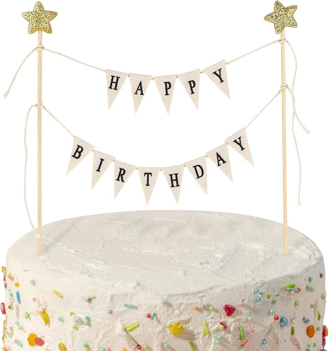 Happy Birthday Cake Banner Personalized Toppers, Handmade Linen Pennant Flags With 7.9 in Bamboo Polls, Party Decoration Supplies for Cakes Cupcakes