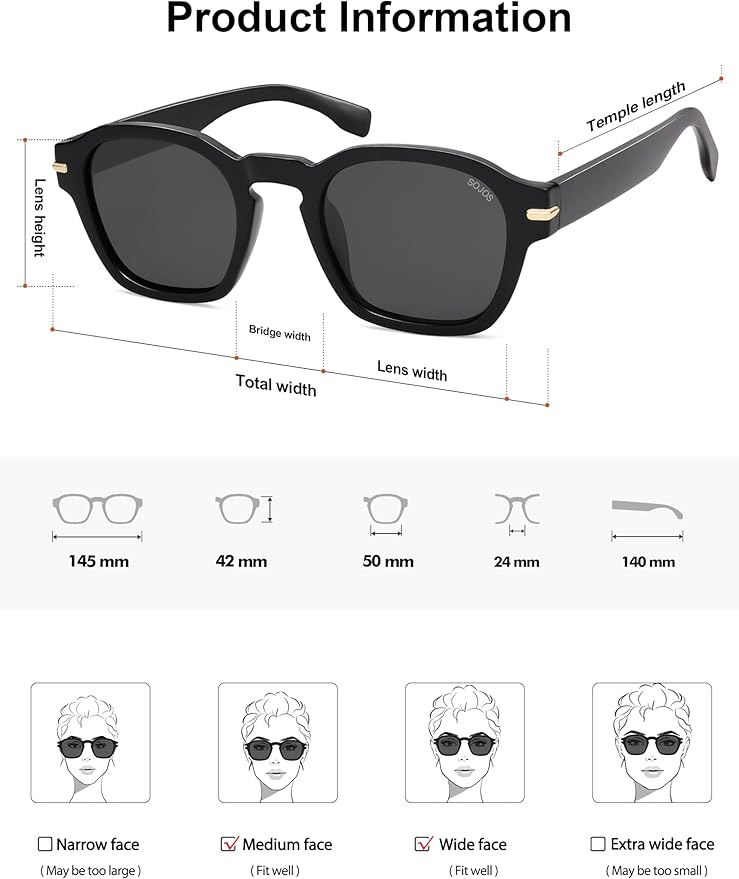 SOJOS Vintage Retro Square Polarized Sunglasses Men Standard Fit Trendy Womens Sun Glasses SJ2382