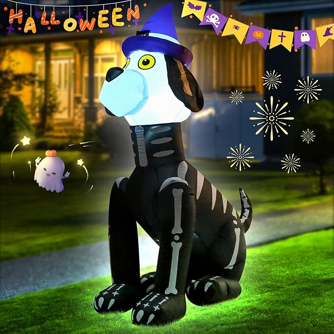 4FT Halloween Skull Dog Inflatable Decoration Blow up Halloween Skeleton Black Dog Decoration with LED Lights Indoor Outdoor Yard Graden Party Holiday Decor