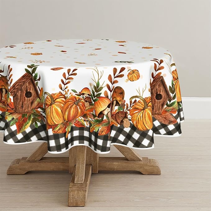Horaldaily Fall Tablecloth 60x60 Inch Round, Thanksgiving Autumn Harvest Pumpkin Mushroom Black Buffalo Plaid Table Cover for Party Picnic Dinner Decor