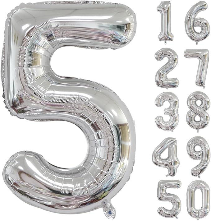 40 inch Silver Number Balloon Giant Foil Helium Balloons Silver Number 5 Balloon for 5th Birthday Party Anniversary Decorations Supplies