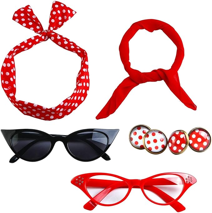 Aneco 6 Pack 50s Set Chiffon Scarf Cat Eye Glasses Bandana Tie Headband Earrings