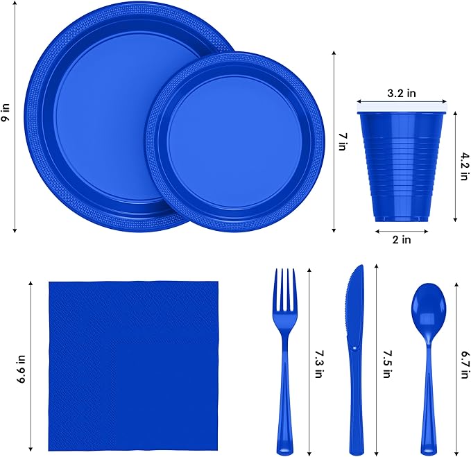Party Solids 350 Pieces Dark Blue Plastic Plates For Party, Dark Blue Disposable Plates Set, 50 Of Each 9" Dinner Plate Set, 7" Dessert Plate, Cups, Napkins & Cutlery Plastic Dinnerware