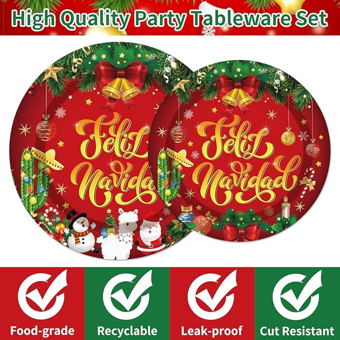 96Pcs Feliz Navidad Decorations Christmas Disposable Tableware Set - Feliz Navidad Red and Green Paper Plates Napkins Forks Mexican Spanish Christmas Party Supplies Serve 24 Guests