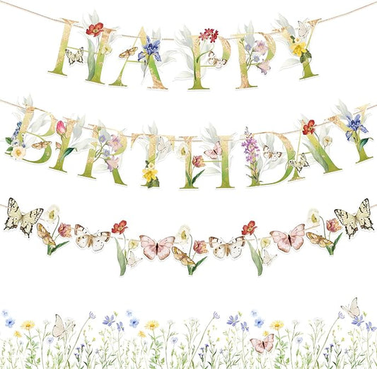 Sunbeauty Wildflower Butterfly Happy Birthday Banner Garden Party Decoration Floral Birthday Decorations for Women Girl Spring Summer Birthday Baby Shower Supplies | Pre-Strung