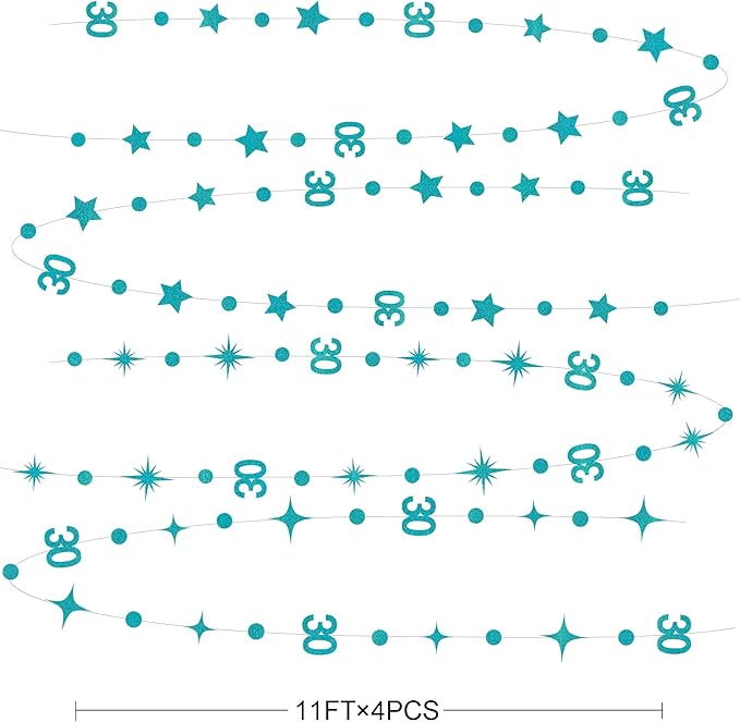 Teal Blue 30th Birthday Decorations Number 30 Circle Dot Star Garland Glitter Streamer Banner Backdrop for Women Men Dirty Thirty Cheers to 30 Years Old Birthday 30th Anniversary Party Supplies