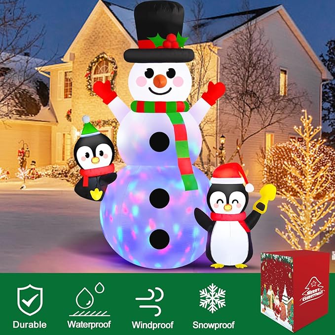 Danxilu 6FT Christmas Inflatable Snowman with Penguins Built-in Rotating Colorful LED Lights Outdoor Decorations- Blow Up Snowman and 2 Penguins Decor for Yard Garden Lawn Porch Xmas Holiday Party