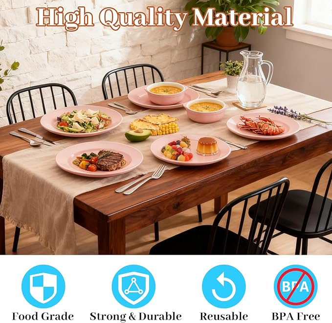 MENDENG 50PCS Pink Plastic Plates for Party, 25x10.25 Dinner Plates & 25x7.5 Dessert Plates, Heavy Duty Disposable Plastic Plates for Wedding Party Birthday Mother's Day
