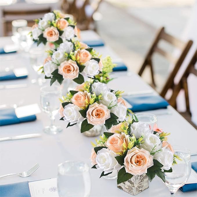 Artificial Flowers Kissing Ball, 2 Pcs Faux Flower Balls Fake Flower 15 Heads Plastic Roses with Base Wedding Bouquets Party Table Decor Home Decor Bouquet for Wedding Centerpieces (Champagne White)