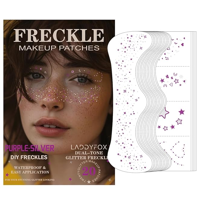 20 Pcs Purple and Silver Face Makeup Patches, Purple-silver Glitter Freckles, Halloween Glitter Freckles Face Tattoo, Waterproof Face Temporary Tattoos, Long-Lasting 48h Freckles for Women