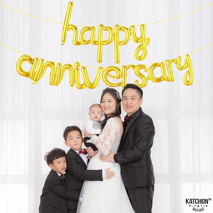 KatchOn Gold Anniversary Balloons - 16 Inch, Shiny 'Happy' Banner & Foil Balloons
