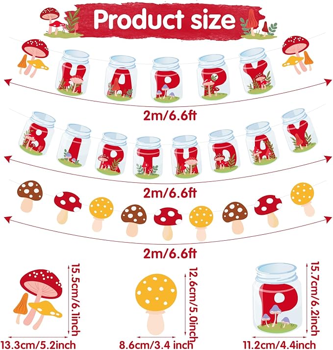 SUNBEAUTY Mushroom Birthday Banner - Mushroom & Fairy Party Decorations | Pre-Strung