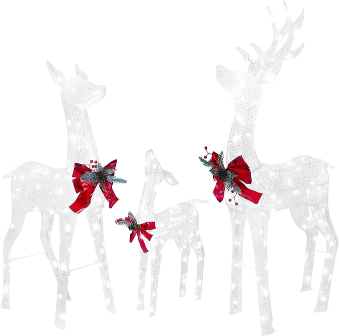 BlueWish Christmas Decorations Outdoor, 3-Piece Sliver Reindeer Christmas Decoration with 200 LED Lights, Pre-lit Outdoor Christmas Decor for Garden, Yard, Porch