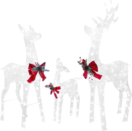 BlueWish Christmas Decorations Outdoor, 3-Piece Sliver Reindeer Christmas Decoration with 200 LED Lights, Pre-lit Outdoor Christmas Decor for Garden, Yard, Porch
