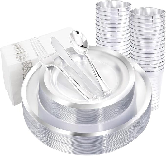 YOUBET 175PCS Clear Plastic Plates with Silver Rim include -Disposable Silver Plstic Plates Includes 50 Silvery Plastic Plate, 25Forks, 25Knives, 25Spoons, 25Cups, 25Napkins for Wedding & Party
