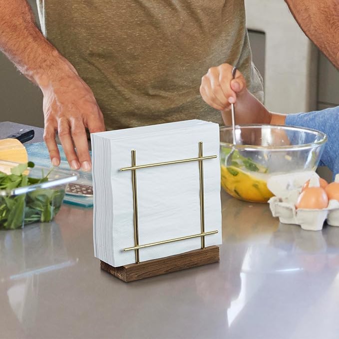 MyGift Napkin Holder for Table, Wire Metal Napkin Dispenser with Wood Base Kitchen Countertop, Contemporary Brass-Tone Tabletop Dining Decor