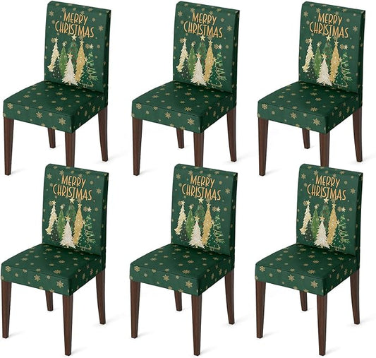 Horaldaily 6PCS Christmas Dining Green Chair Covers, Christmas Pine Tree Stars Stretch Removable Washable Slipcover Chair Protector for Dining Room Home Decor