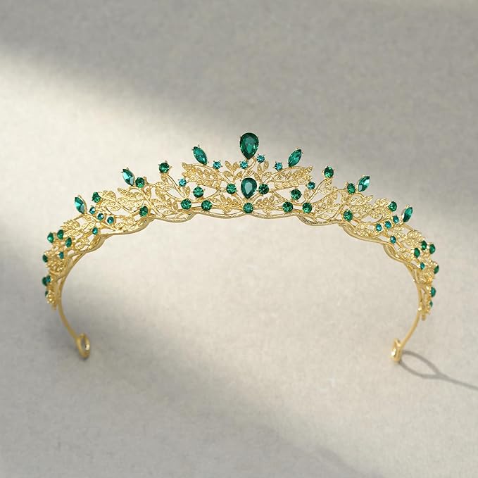 SWEETV Gold Princess Tiaras for Women Girls, Green Queen Crowns Tiaras Adult Headband for Bride Wedding Bridal Birthday Quinceanera Pageant Party Prom,Halloween Costume Cosplay Accessories