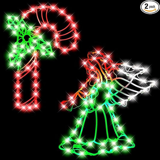 Christmas Window Silhouette LED Lights Decorations, Pack of 2 Sign Lighted Angel and Candy Cane for Holiday Indoor Wall Door Glass Decor