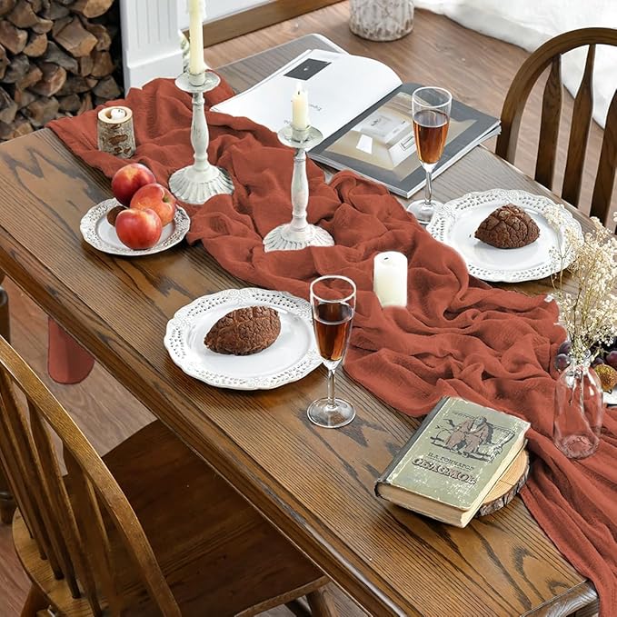 Artoid Mode Boho Cheesecloth Gauze Terracotta Wedding Table Runner, 120 Inch Seasonal Fall Thanksgiving Fabric Kitchen Dining Holiday Table Decor for Home Party Indoor