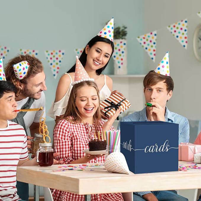 1 Pack Navy Blue and Silver Foil Card Box for Party, 8.7" Navy Blue Gift Card Box Money Box for Birthday, Wedding, Baby Shower, Retirement, Anniversary, Raffle Ticket, Graduation