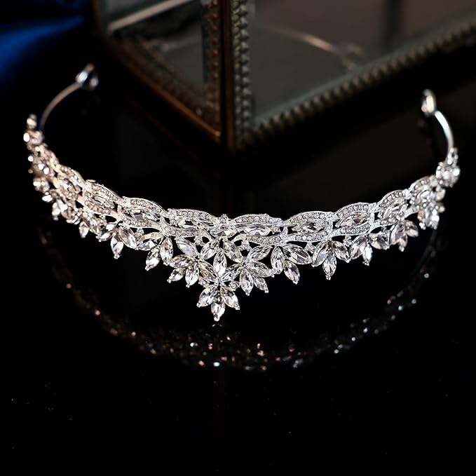 Silver Crystal Princess Queen Tiara - Bride Rhinestone Crowns Headband for Women Wedding Birthday Halloween Prom Pageant Party Coming of Age Ceremony Photo Props (HG1233-Silver White)