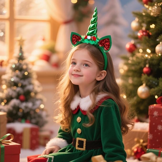 Christmas Unicorn Headband for Women - Festive Green Glitter Unicorn Ear Hairband, Cute Holiday Party Headwear for Xmas, New Year, Costume, Photo Props, Family Accessories