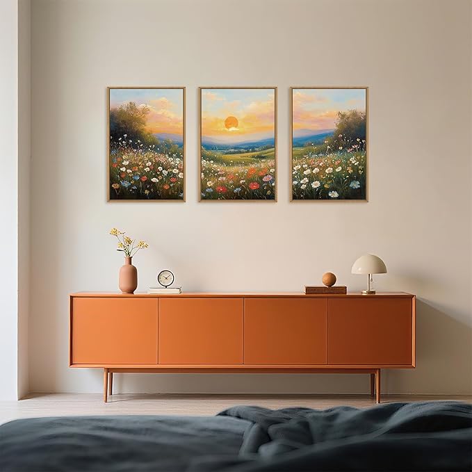 HOURIA Boho Sunrise Wildflower Framed Canvas Wall Art Set,Watercolour Nature Inspired Landscape Wall Decor,Colorful Floral Scenery Artwork,Modern Art Prints for Living Room,Bedroom,Farmhouse-24"x36"x3