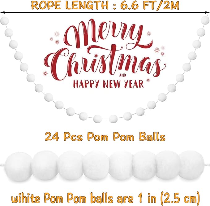 Jishi 3pk White Felt Pom Pom Garland Christmas Tree Decorations Indoor Home Decor, Cute Winter Wonderland Snow Ball Ornaments, Hanging String Pompom Snowball Beads, Xmas Holiday Birthday Party Banners