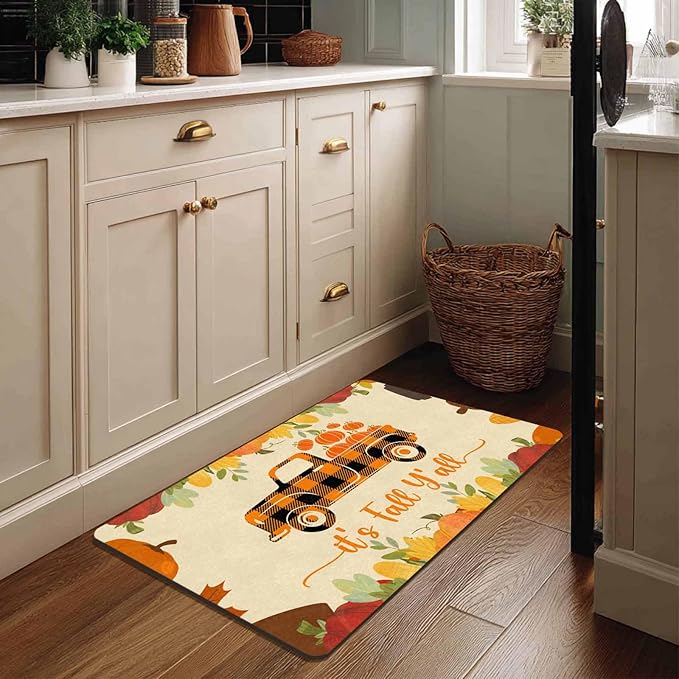 Fall Welcome Maple Leafs Decorative Door Mat, Autumn Thanksgiving Doormat for Indoor Outdoor Entrance Floor Mats,Fall Pumpkins Non Slip Harvest Vintage Decor Rubber Welcome Mats 30" x 18" Inch