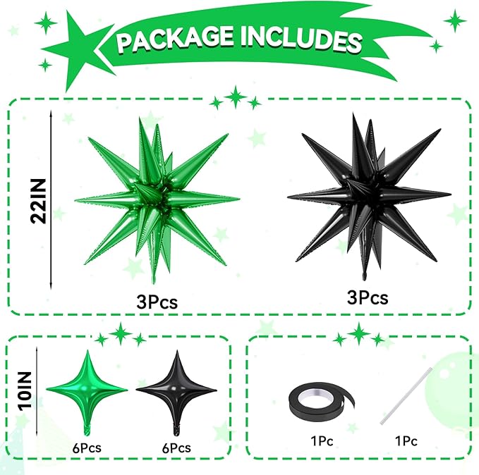18 Pcs Black Green Star Balloons, Green and Black Balloon with 6 Pcs 22-Inch Explosion Star Balloons 12Pcs 10-Inch Four Pointed Stars Foil Balloon for Anniversary Football Birthday Party Decor