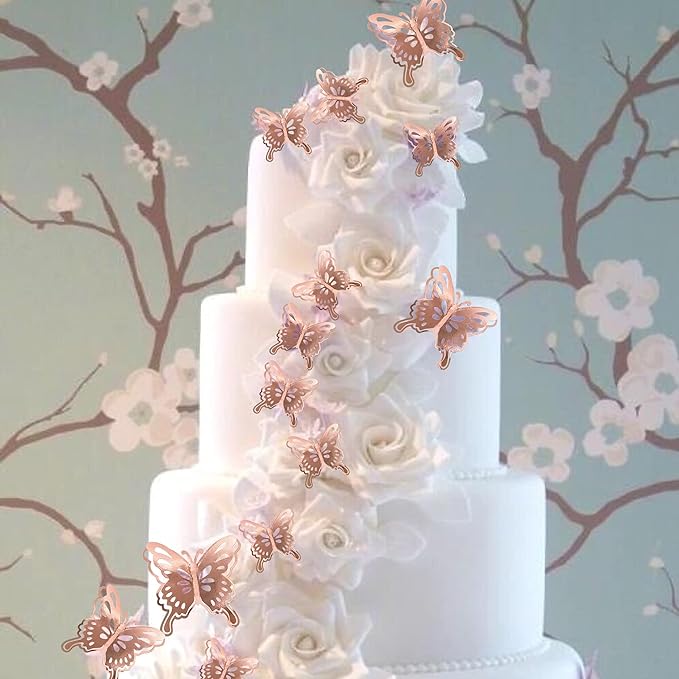 40 PCS Rose Gold Lively 3D Butterfly Cupcake Toppers Hollow Art Butterfly Cake Topper Decorations for Baby Shower Wedding Anniversary Kids Birthday Party Supplies Mixed Size