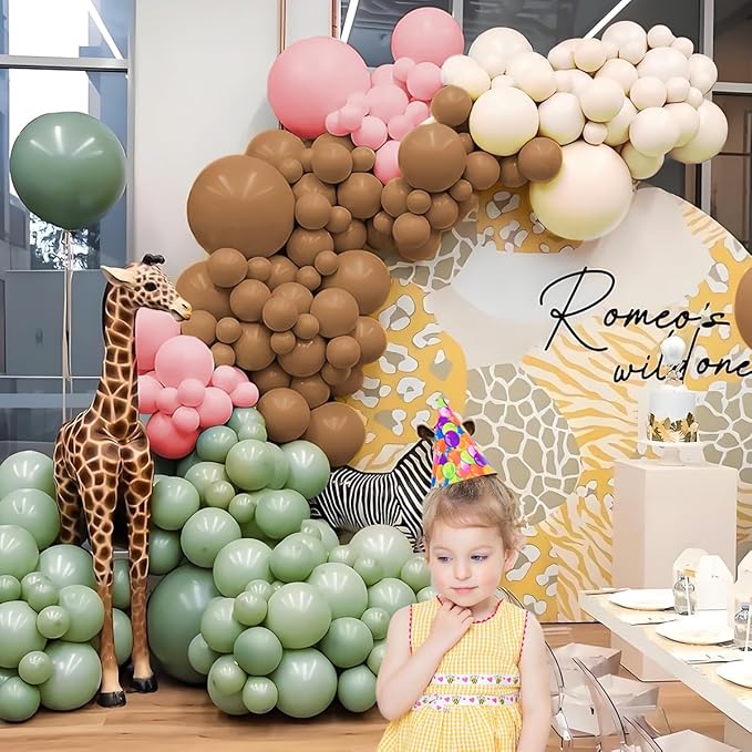 Pink Green Brown White Balloon Garland Arch Kit, 166Pcs Blush Pink Pastel Green White Sand Tan Brown Boho Balloons for Baby Shower Birthday Wedding Safari Jungle Woodland Party Decorations