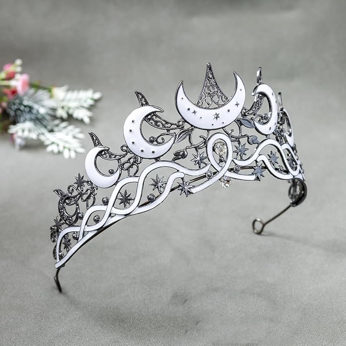 Gothic Black Moon Star Tiara Crown for Women Girls, Retro Celestial Witch Headpiece with Crescent Moon and Stars, Costume Cosplay Halloween Party Prom Wedding Birthday Accessories